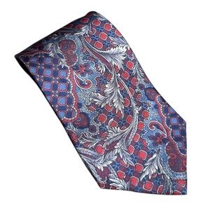 Vtg Etienne Aigner Blue, Red and Silver Paisley 100% Silk Tie